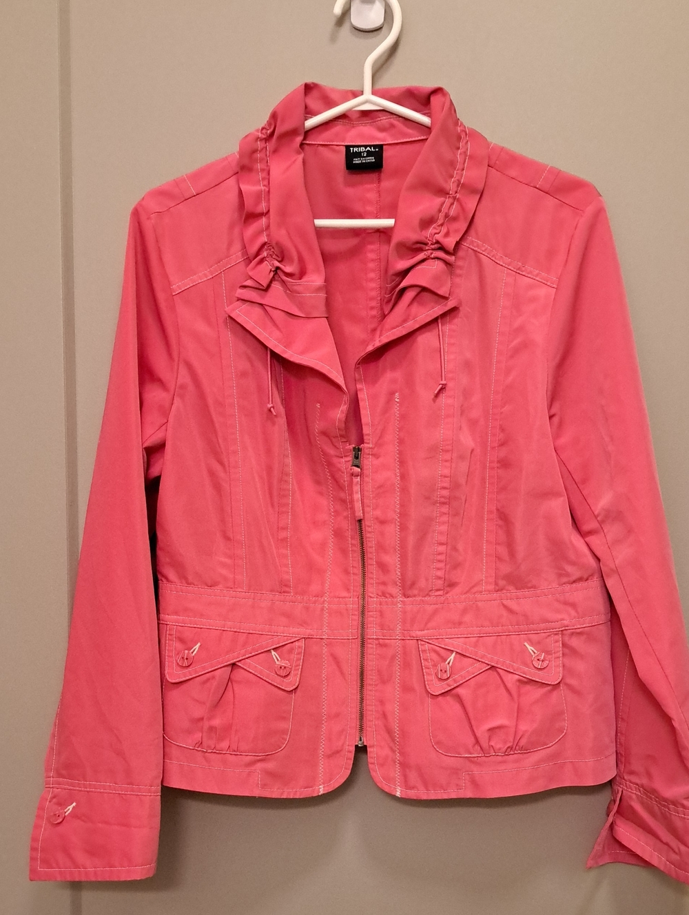 Tribal Coral Pink Ruffle Collar Zip-Front Utility Jacket